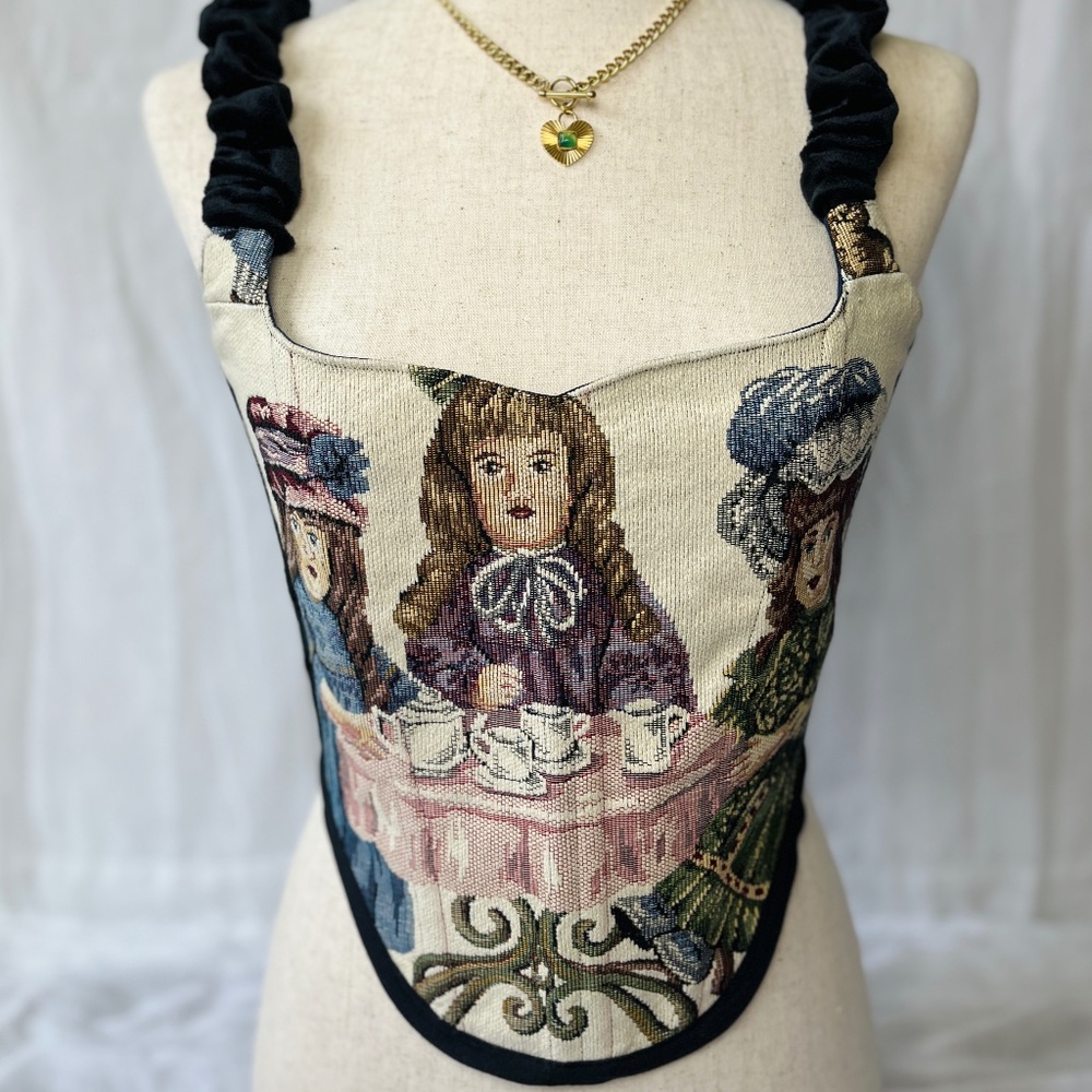 Tea Party Tapestry Corset Top: Lace-Up Bustier One-of-One Size Small